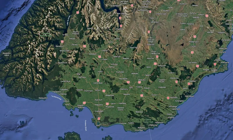 Google Maps view of Southland and Otago with service area highlighted